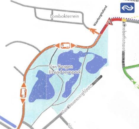 Plattegrond van het Van Bergen IJzendoornpark en omgeving. De afgesloten weg is rood aangegeven, de route naar WaarborgHolland loopt langs het park naar het station.